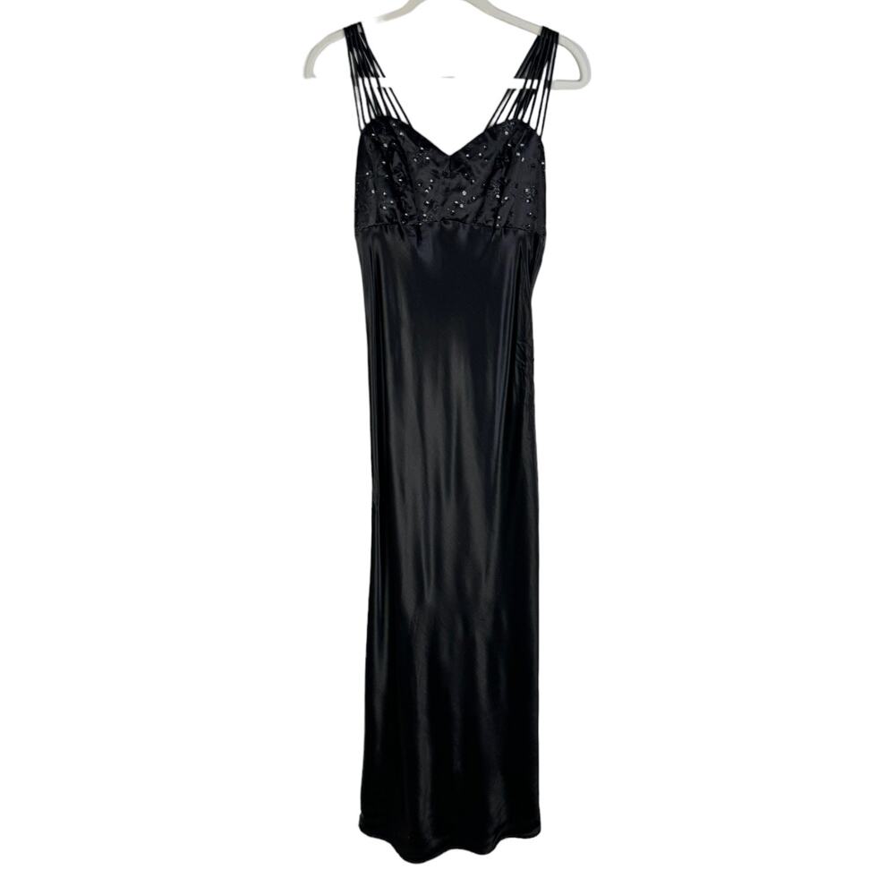 90s Vintage All That Jazz Satin Beaded Evening Gown Maxi Slip Dress Black Formal